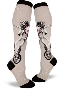 Unicorn knee high socks with unicycle in gray by ModSocks.