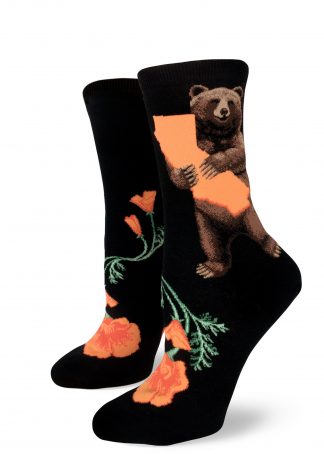 A brown California bear hugs his home state on this black sock with orange California poppies by ModSocks.