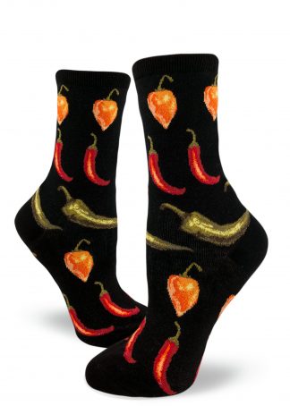 Colorful hot peppers socks with Habanero, jalapeño and cayenne chili peppers in black by ModSocks.