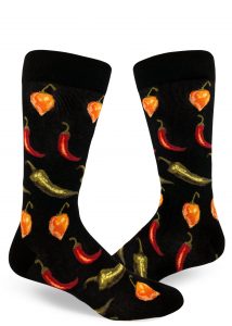 Hot peppers socks for men with Habanero, jalapeño and cayenne chili peppers in black by ModSocks.