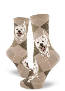 Westie dogs beg for a treat on these mushroom women's crew socks.