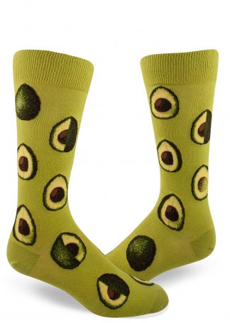 Men's avocado socks with avocados in various stages of being sliced, on a green background.