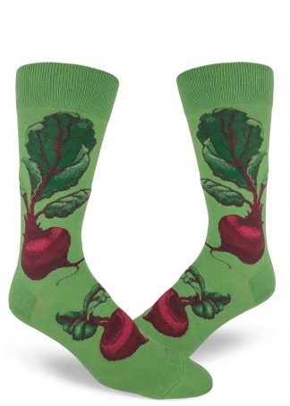 Red beets green crew socks for men.