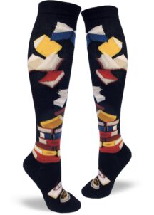 black knee socks with multi-colored books