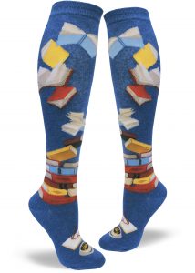 blue knee socks with multi-colored books