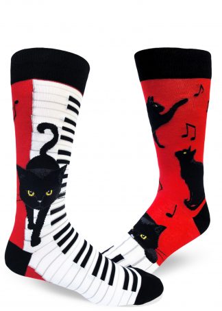 Cat socks for men with a black cat on piano keys in red, white and black.