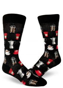 Coffee cups and coffee brewing devices cover these black crew socks for men.