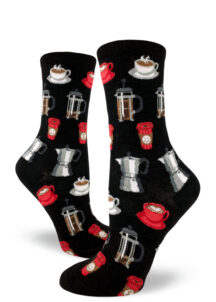 Coffee cups and coffee brewing devices cover these black crew socks for women.