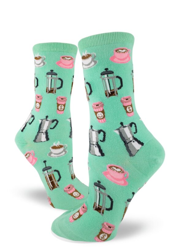 Coffee cups and coffee brewing devices cover these seafoam crew socks for women.