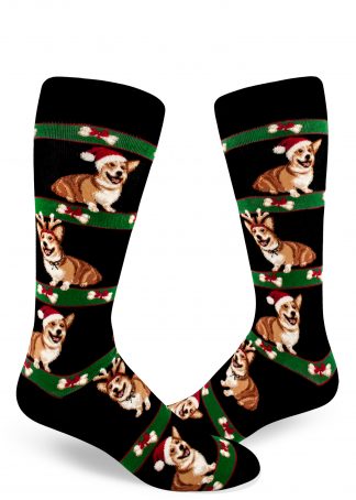 Happy corgis are dressed in their Christmas best, which is Santa hats and reindeer antlers, on these black men's crew socks