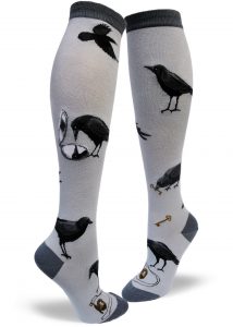 Women's gray knee socks featuring crows