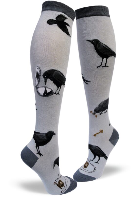 Women's gray knee socks featuring crows