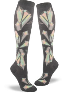 Large iridescent crystals appear to grow from a gray background on these women's knee socks.