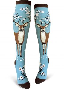womens blue knee high socks with deer and cherry blossoms
