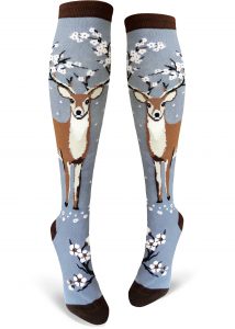 womens gray knee high socks with deer and cherry blossoms