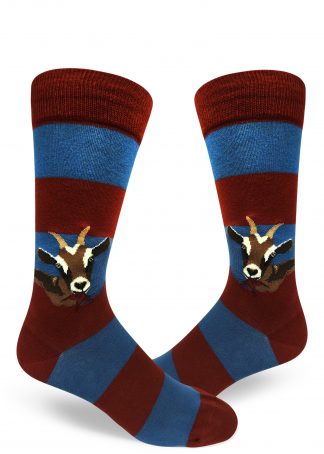 red and blue striped mens crew sock with goats