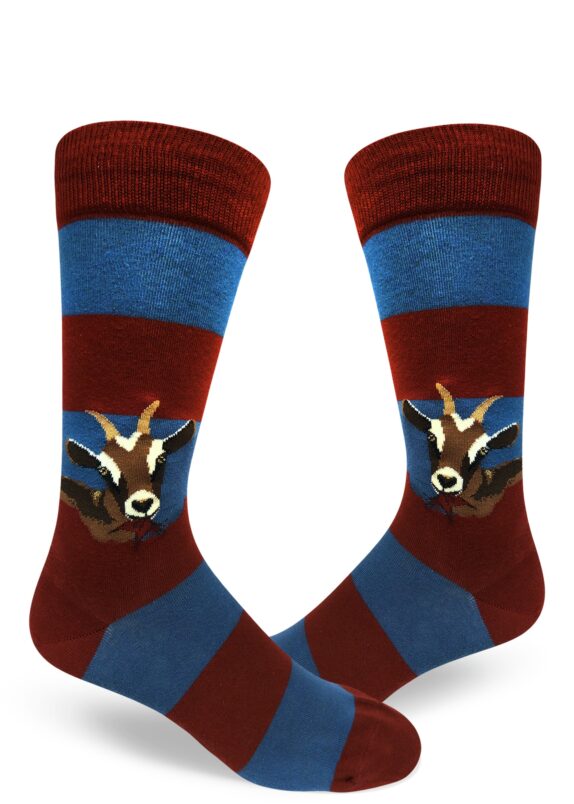 red and blue striped mens crew sock with goats