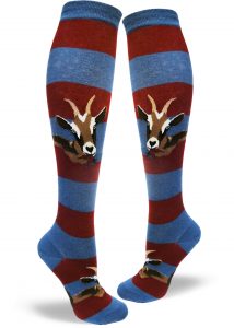 Women's blue and red striped knee socks with goats biting the stripes