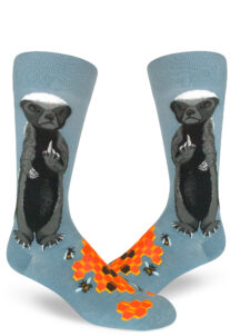 Honey Badger Men's Crew Socks in slate blue. Middle finger