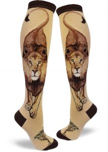 Wheat colored women's knee socks featuring a lion