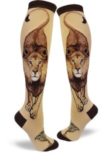 Wheat colored women's knee socks featuring a lion