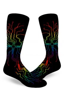 Rainbow wires in a circuit board branch into a pattern on these black men's crew socks.