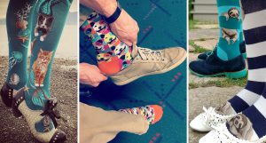 animal socks including teal purrmaid cat mermaid knee socks, pit bull dog pop art socks and sloth striped knee socks