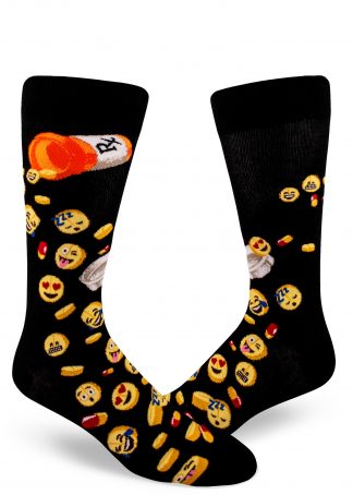 Emojis disguised as pills fall out of an orange prescription bottle on these black men's socks.