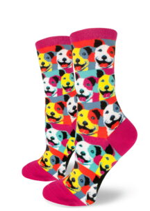 These dog-themed socks are pop art-styled pit bulls in magenta, yellow, cyan, blue and orange.