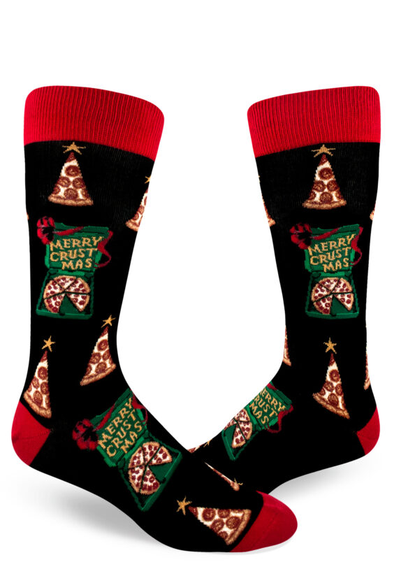 Green pizza boxes say "Merry Crustmas" and pizza slices look like Christmas trees on these black men's socks.