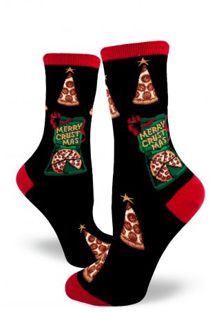 Pizza boxes say "Merry Crustmas" and pizza slices look like Christmas trees on these Christmas pizza socks for women.