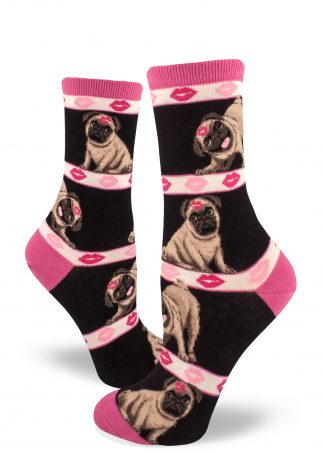 Funny pugs have lipstick kisses on their heads on these pink and black crew socks for women.