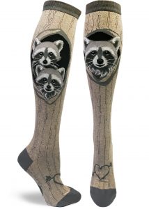 Womens knee socks with cute raccoons in a tree
