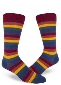 A muted heather rainbow stripe crew sock for men.
