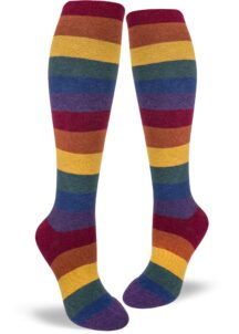 A muted heather rainbow stripe knee sock for women.