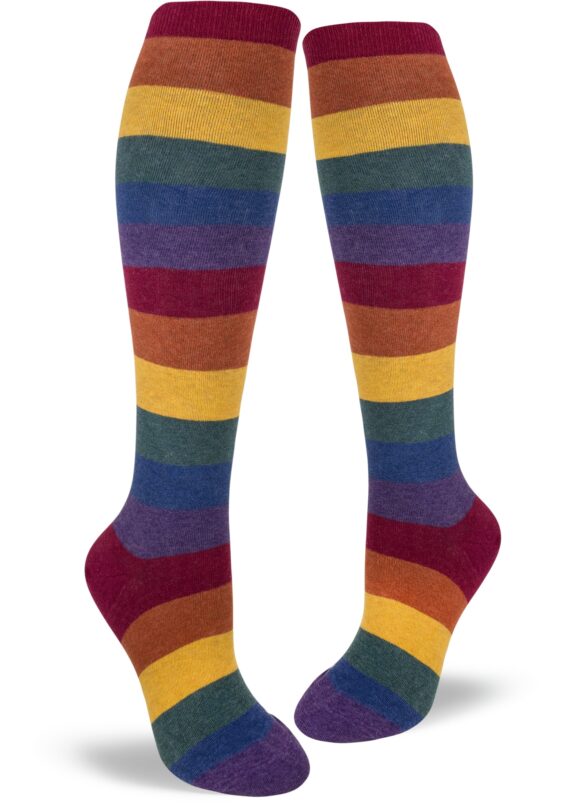 A muted heather rainbow stripe knee sock for women.