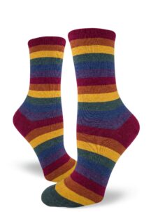 A muted heather rainbow stripe crew sock for women.