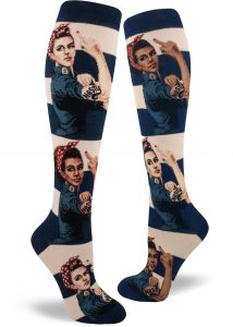 Navy and white striped knee socks with black and white Rosie the Riveter, middle finger raised