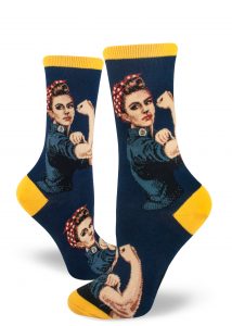 Rosie the Riveter flexes her muscle on these navy women's crew socks.