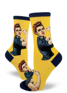 Rosie the Riveter flexes her muscle on these yellow women's crew socks.