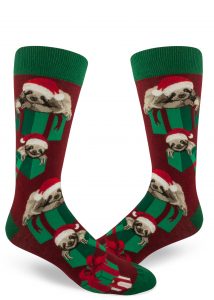 Sloth socks for men feature sloths in Santa hats, playing inside Christmas gift boxes, in red, green and burgundy.