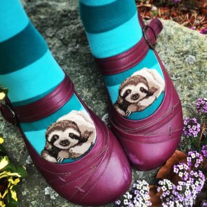 Sloth socks for women by ModSocks feature cute sloths with stripes.