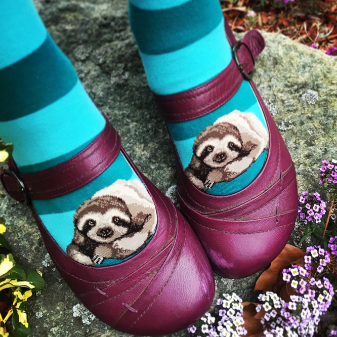 sloth-socks-modsocks-cute-novelty-sock-brand Sloth socks for women by ModSocks feature cute sloths with stripes.