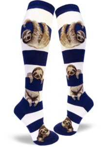 Womens blue and white striped knee socks with sloths hanging from stripes