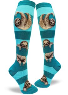 Womens teal striped socks with sloths hanging from stripes