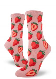 Sweet strawberries make up this pink women's crew sock.