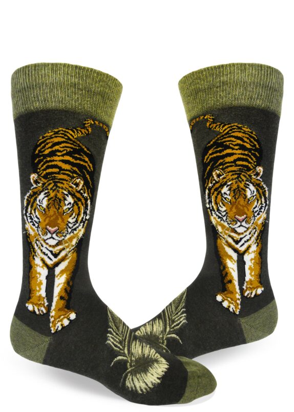 Tiger socks for men, with orange cats on earthy green, accented with jungle palm fronds.