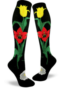Tulip Time Women's Knee Socks put some spring in your step with yellow, red and white tulip flowers on a black background.