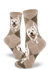 Westie dogs beg for a treat on these mushroom women's crew socks.