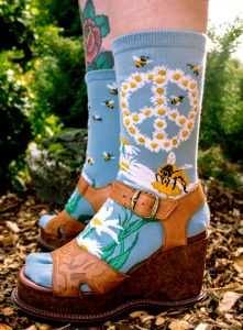 Bees socks aka Give Bees a Chance socks by ModSocks for cute hippie style are charity socks for Sarah bee girl organization.